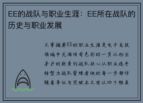 EE的战队与职业生涯：EE所在战队的历史与职业发展